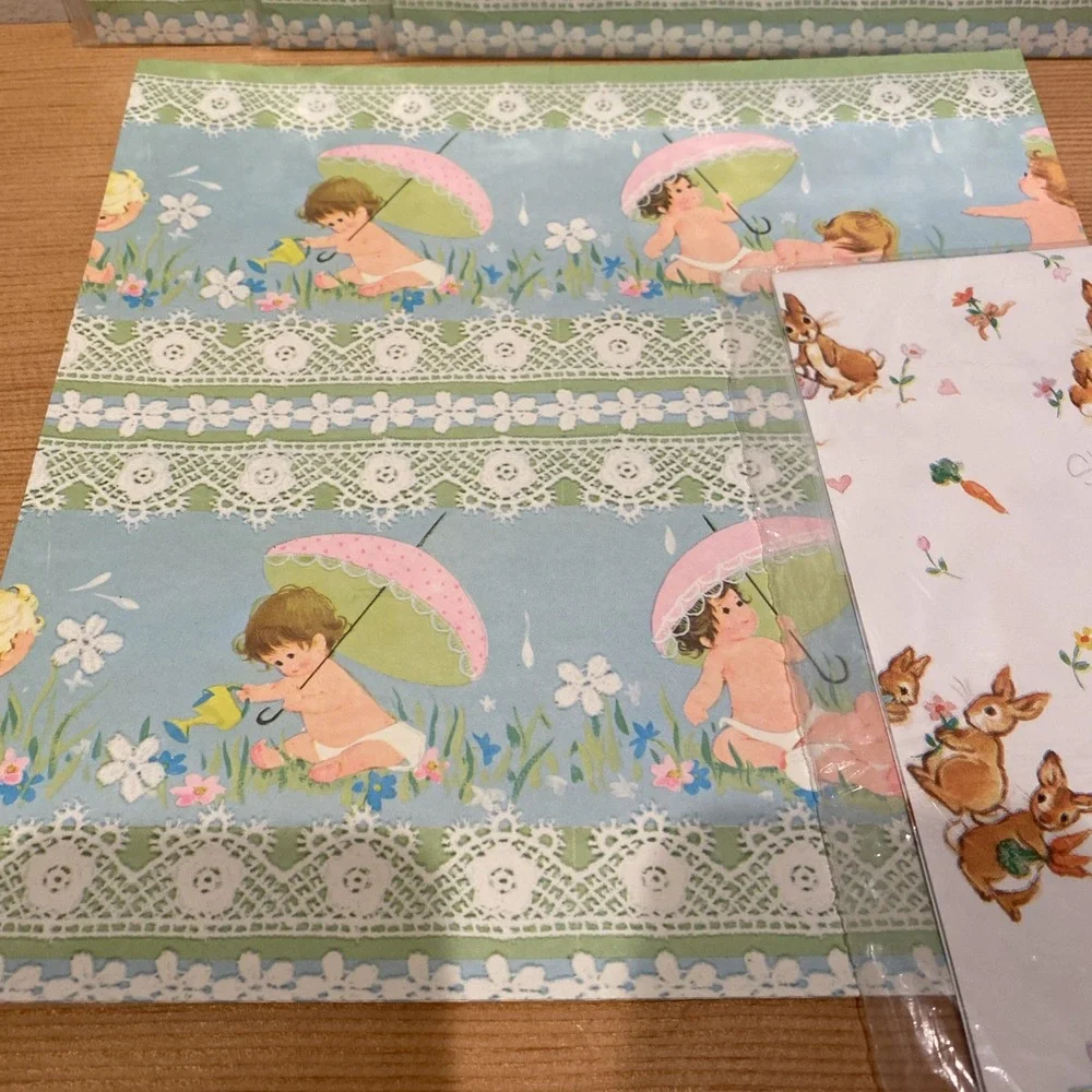 Vintage‎ Gift Wrap Lot Sheet Babies Baby Shower Bunnies Pleasant Thoughts